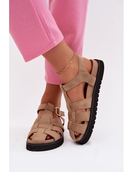 Women's Roman Sandals With Gold Buckle On Platform Beige Terelina