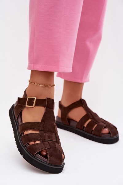 Women's Roman Sandals With Gold Buckle On Platform Chocolate Terelina