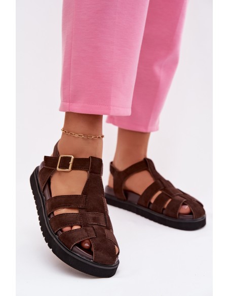 Women's Roman Sandals With Gold Buckle On Platform Chocolate Terelina