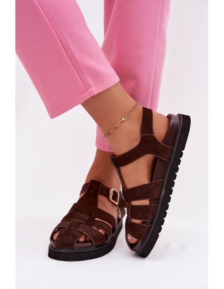 Women's Roman Sandals With Gold Buckle On Platform Chocolate Terelina