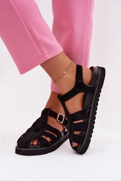 Women's Roman Sandals With Gold Buckle On Platform Black Terelina