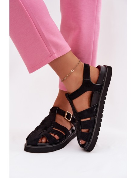 Women's Roman Sandals With Gold Buckle On Platform Black Terelina