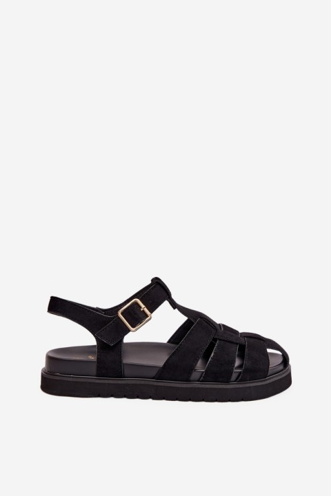Women's Roman Sandals With Gold Buckle On Platform Black Terelina