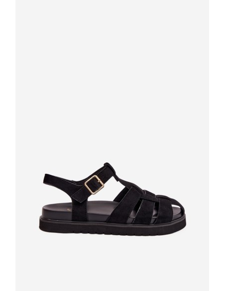 Women's Roman Sandals With Gold Buckle On Platform Black Terelina