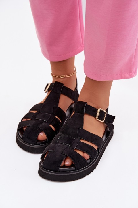 Women's Roman Sandals With Gold Buckle On Platform Black Terelina