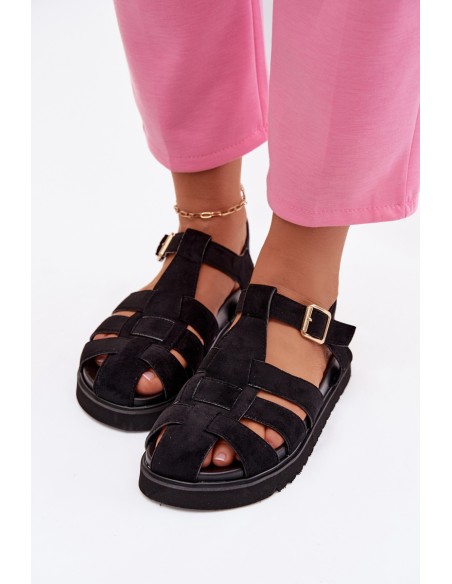 Women's Roman Sandals With Gold Buckle On Platform Black Terelina