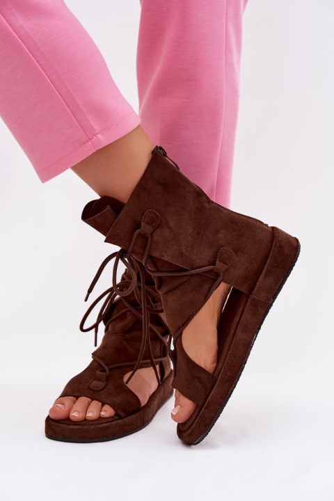 Women's Eco Suede Sandals With Upper and Lacing Chocolate Ferlisse