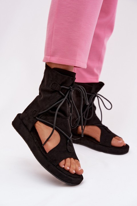 Women's Eco Suede Sandals With High Upper and Laces Black Ferlisse