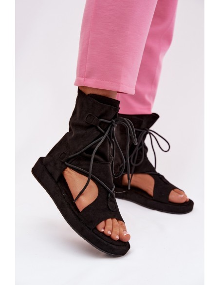 Women's Eco Suede Sandals With High Upper and Laces Black Ferlisse