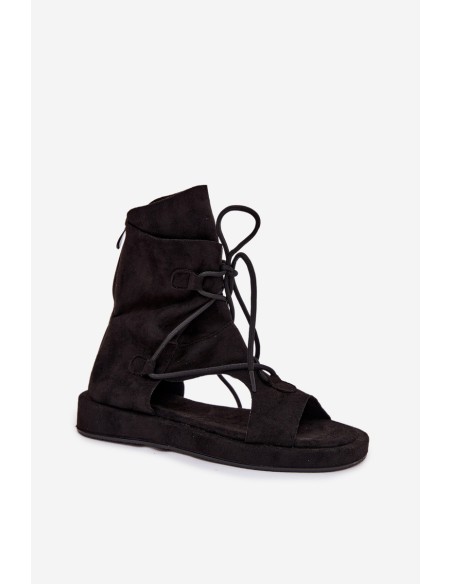 Women's Eco Suede Sandals With High Upper and Laces Black Ferlisse