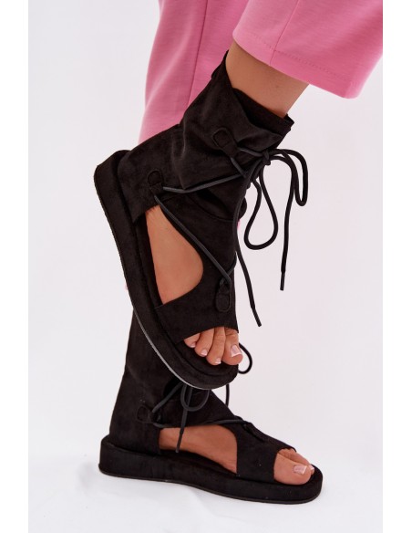 Women's Eco Suede Sandals With High Upper and Laces Black Ferlisse