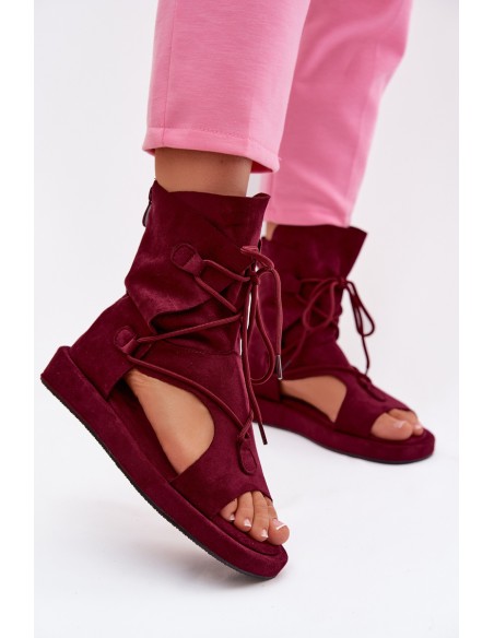 Women's Eco Suede Sandals With High Strap and Laces Burgundy Ferlisse