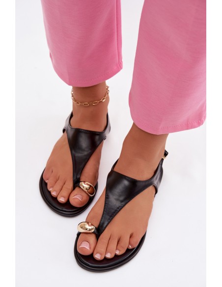 Women's Flat Heeled Sandals With Gold Detail Black Talorina