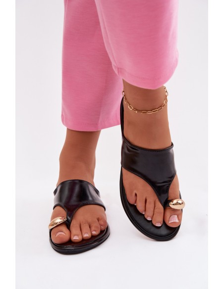 Women's Flat Eco Leather Sandals With Gold Detail Black Lavessa