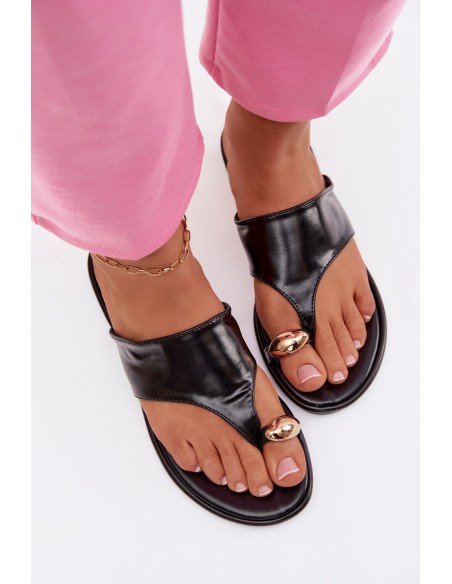 Women's Flat Eco Leather Sandals With Gold Detail Black Lavessa