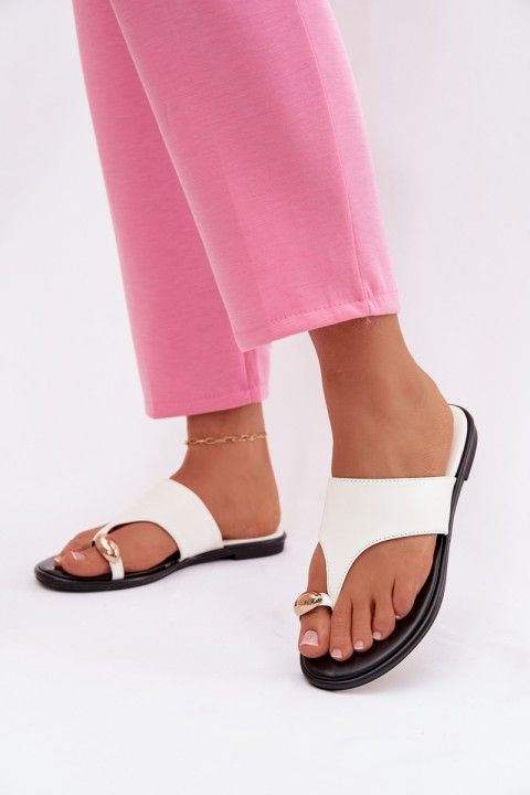 Women's Flat Eco Leather Sandals With Gold Detail White Lavessa