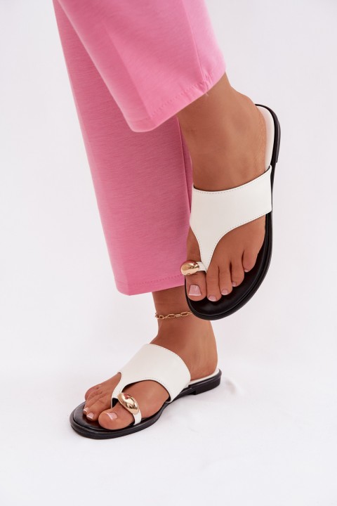 Women's Flat Eco Leather Sandals With Gold Detail White Lavessa