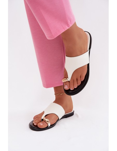 Women's Flat Eco Leather Sandals With Gold Detail White Lavessa