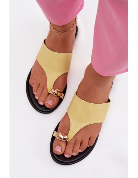 Women's Flat Eco Leather Sandals With Gold Detail Yellow Lavessa