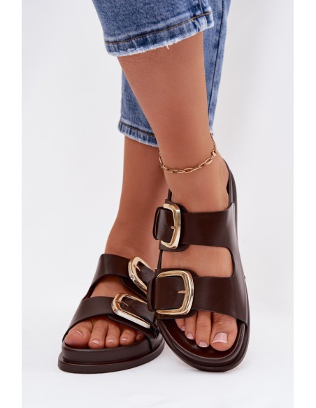 Women's Eco Leather Slippers With Gold Clips Chocolate Tervessa