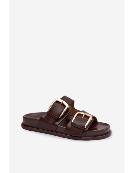 Women's Eco Leather Slippers With Gold Clips Chocolate Tervessa