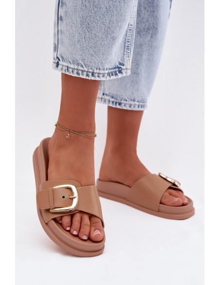 Women's Dark Beige Slides With Gold Buckle Rosivana