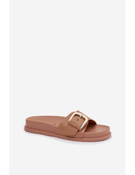Women's Dark Beige Slides With Gold Buckle Rosivana