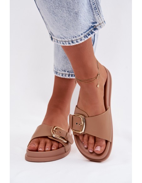 Women's Dark Beige Slides With Gold Buckle Rosivana
