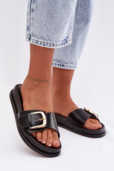Women's Black Slippers With Gold Buckle Rosivana