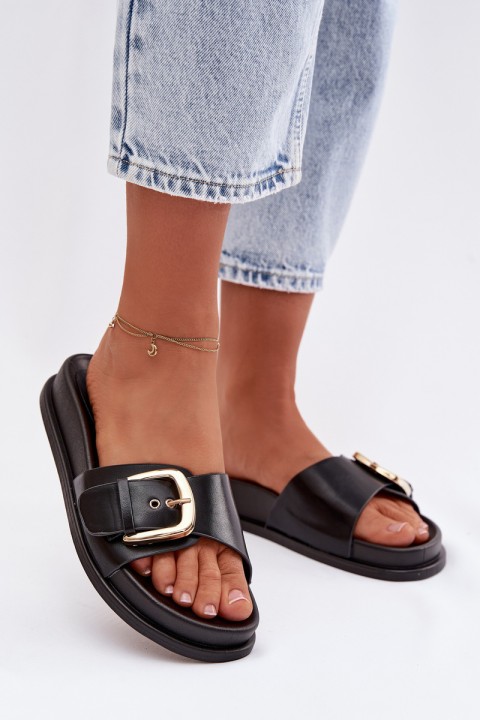 Women's Black Slippers With Gold Buckle Rosivana