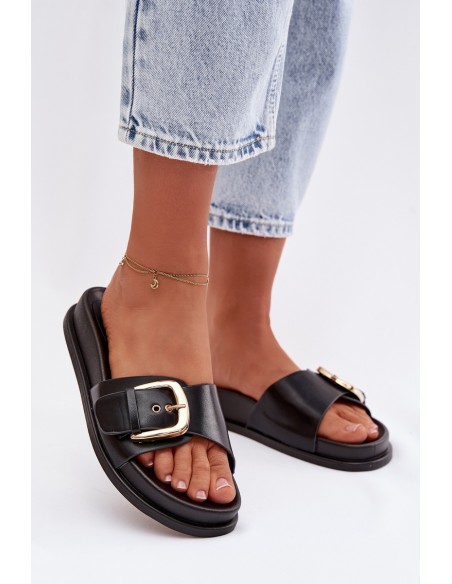Women's Black Slippers With Gold Buckle Rosivana