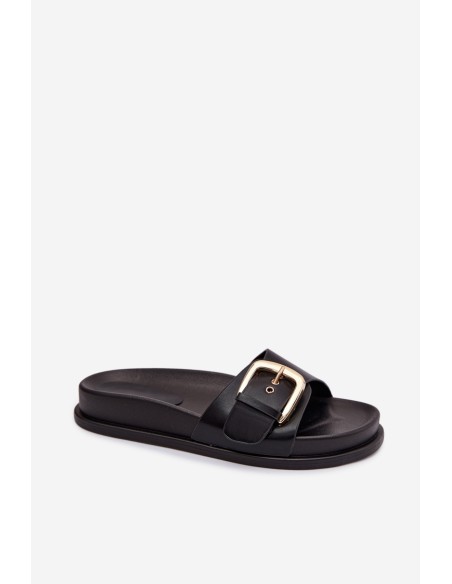 Women's Black Slippers With Gold Buckle Rosivana