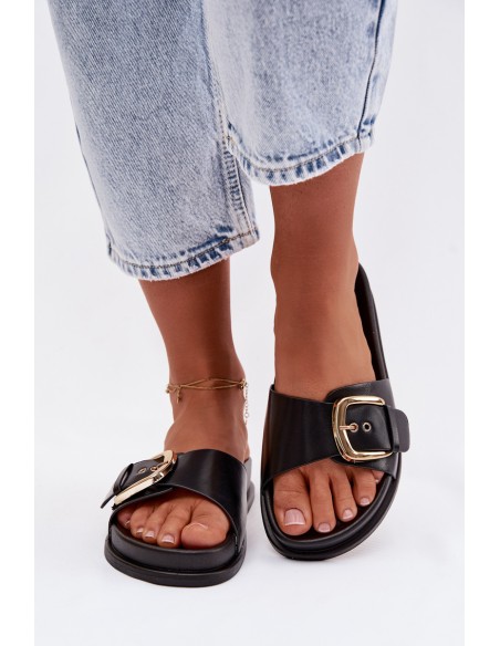 Women's Black Slippers With Gold Buckle Rosivana