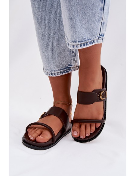 Women's Chocolate Slippers With Gold Buckle Sarilisse