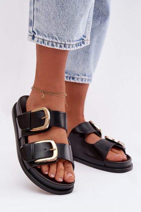 Women's Eco Leather Slippers With Gold Clips Black Tervessa