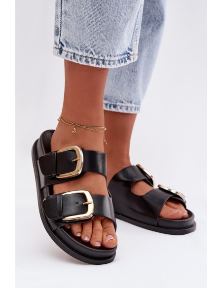 Women's Eco Leather Slippers With Gold Clips Black Tervessa