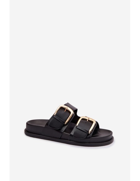 Women's Eco Leather Slippers With Gold Clips Black Tervessa