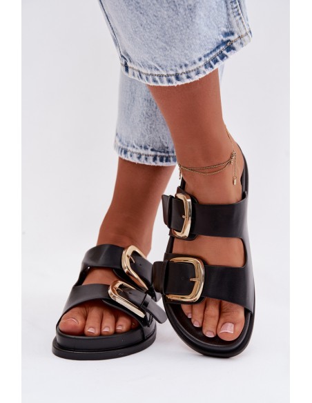 Women's Eco Leather Slippers With Gold Clips Black Tervessa