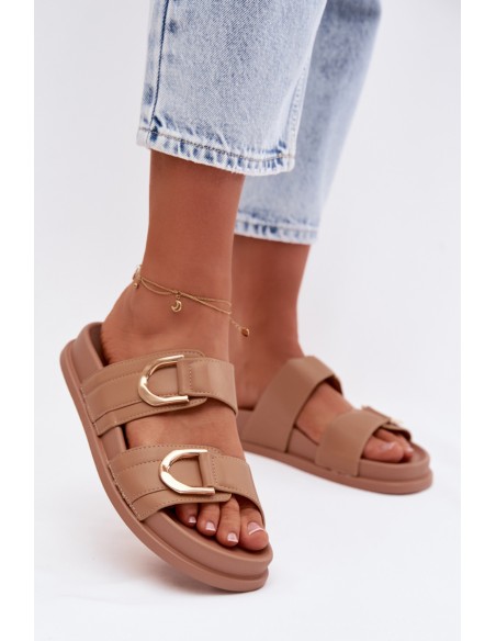 Eco Leather Women's Slides With Straps Dark Beige Rosinessa