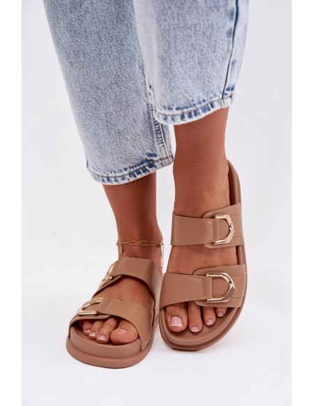 Eco Leather Women's Slides With Straps Dark Beige Rosinessa