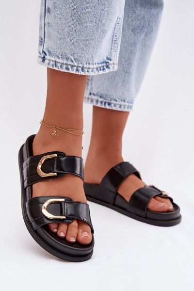 Eco Leather Women's Flat Black Slides With Straps Rosinessa