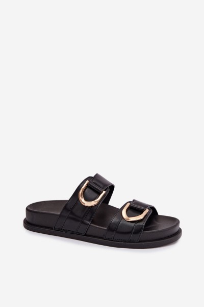 Eco Leather Women's Flat Black Slides With Straps Rosinessa 2
