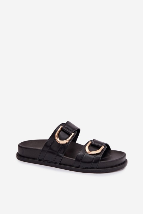 Eco Leather Women's Flat Black Slides With Straps Rosinessa