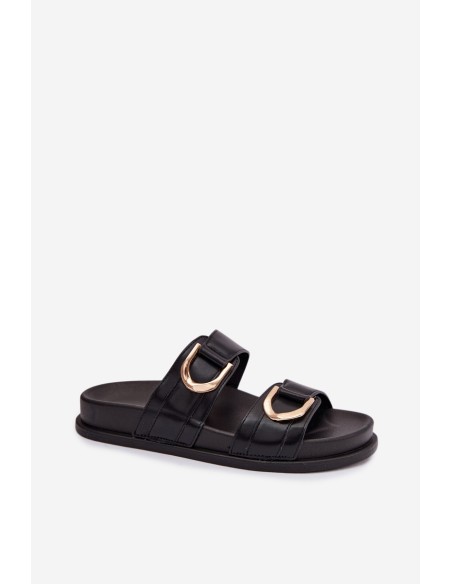 Eco Leather Women's Flat Black Slides With Straps Rosinessa