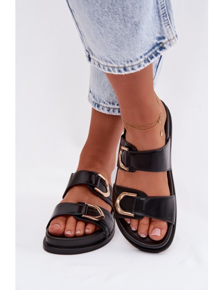 Eco Leather Women's Flat Black Slides With Straps Rosinessa