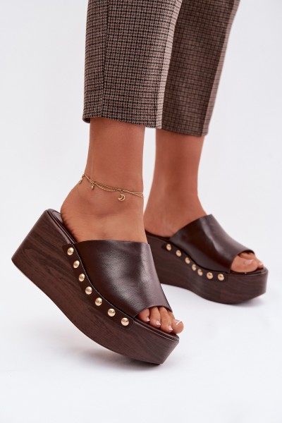 Women's Platform and Wedge Sandals With Gold Studs Chocolate Farinelle