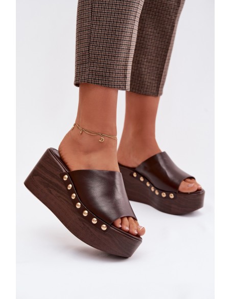 Women's Platform and Wedge Sandals With Gold Studs Chocolate Farinelle