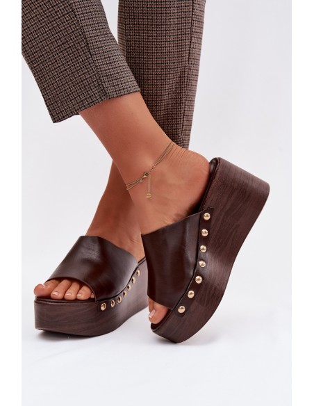 Women's Platform and Wedge Sandals With Gold Studs Chocolate Farinelle