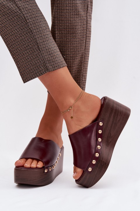 Women's Platform and Wedge Sandals with Gold Buckles Burgundy Farinelle