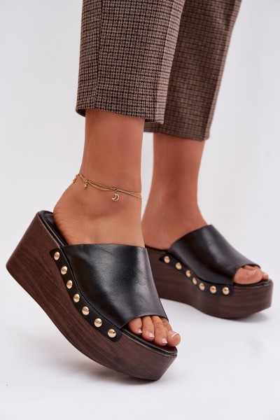 Women's Platform Wedges with Gold Buckles Black Farinelle